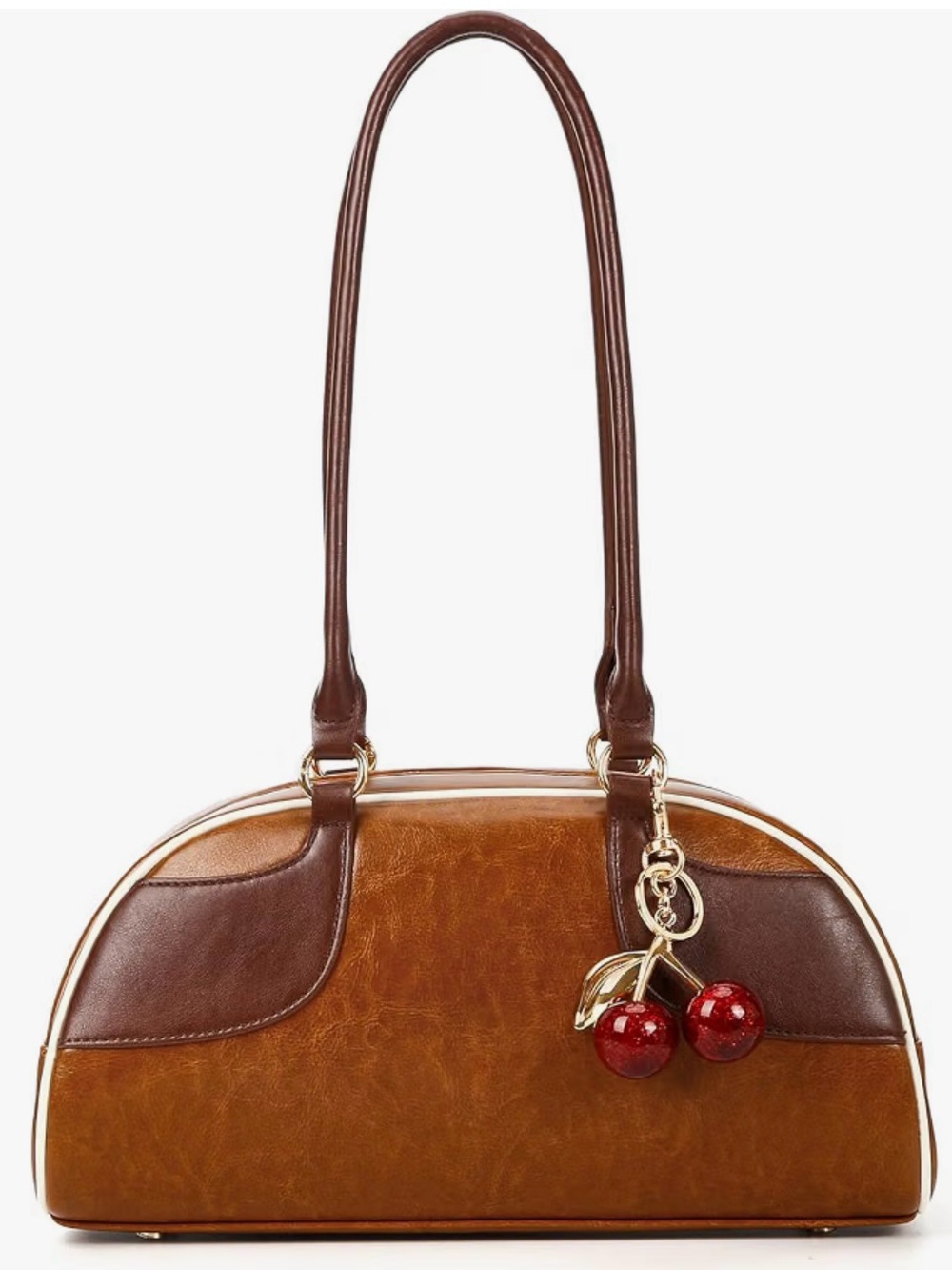 BOWLING STYLE SHOULDER BAG | Cherry Charm - Brown Vegan Leather